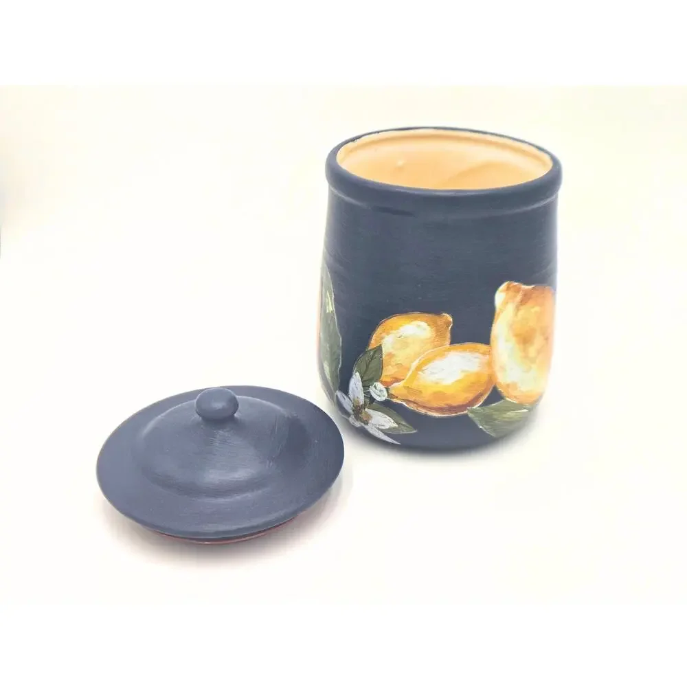 Upcycled Vintage-Inspired Lemon Ceramic Jar | Blue Citrus Kitchen Canister Decor